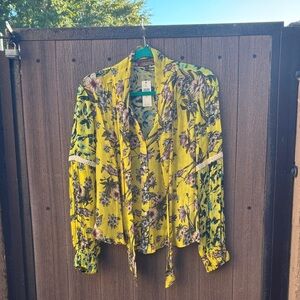 Anthropologie Floral Yellow Blouse with Tie Front